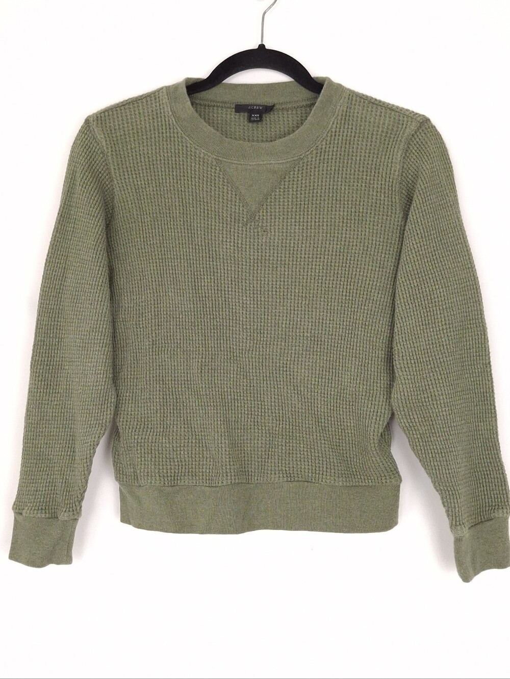 J Crew waffle knit crewneck tee top long sleeve fall layering cotton olive green